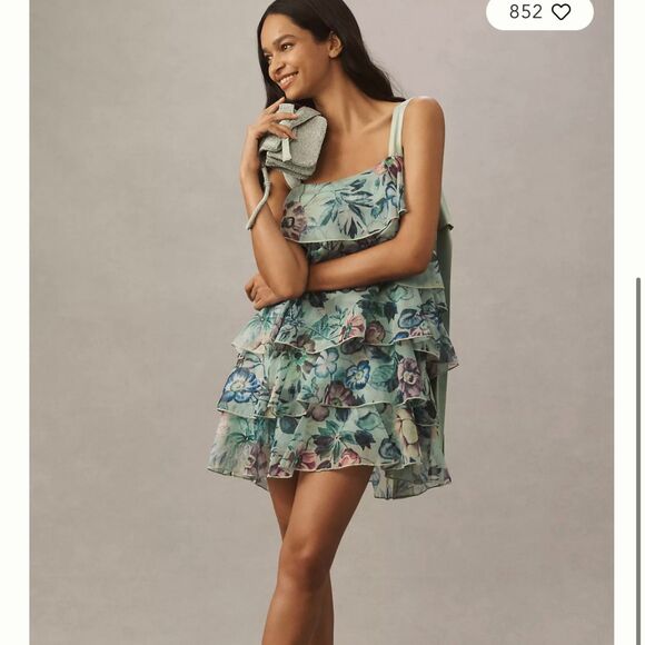 NWT! BHLDN Anthropologie Emme Bow-Strap Tiered Organza Mini Dress XL Floral